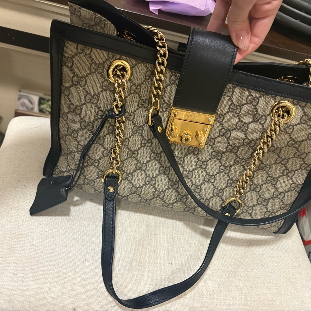 Gucci Beige and Black Shoulder Bag with Gold Accents